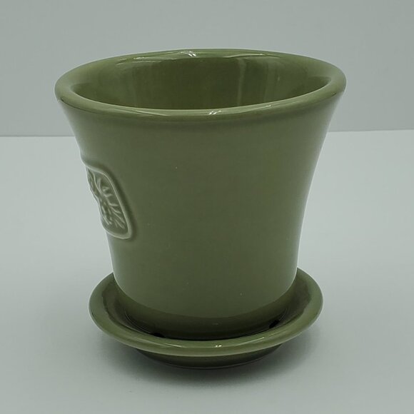 Longaberger Pottery Sage Green May Series Peony Flower Pot with Attached Saucer - Picture 3 of 8